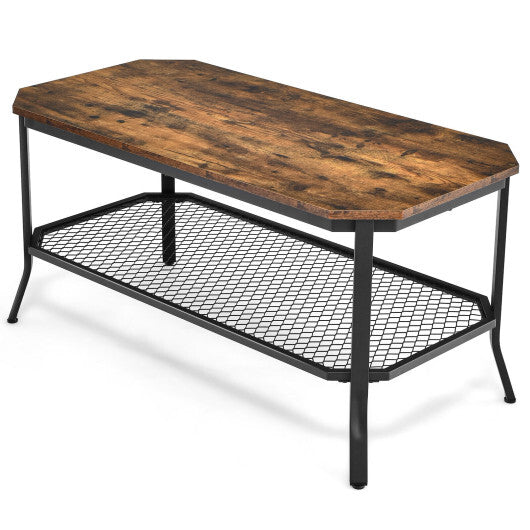 2-Tier Industrial Coffee Table with Open Mesh Storage Shelf for Living Room-Rustic Brown - Color: Rustic Brown